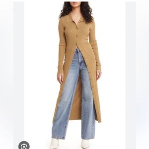 Open Edit Nordstrom Long Sleeve Rib Cardigan Dress in Tan Kelp Size M